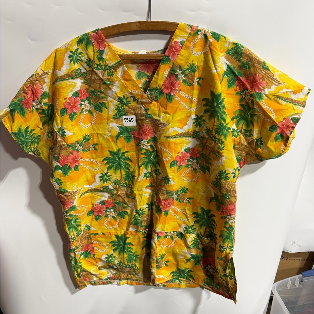 #3565-Tropical Yellow Scrub Top with Floral Print
